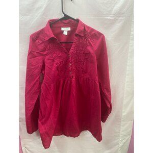Motherhood  M Fuchsia Pink Long Sleeve Ruffled Collared V-Neck 1/2 Button Shirt
